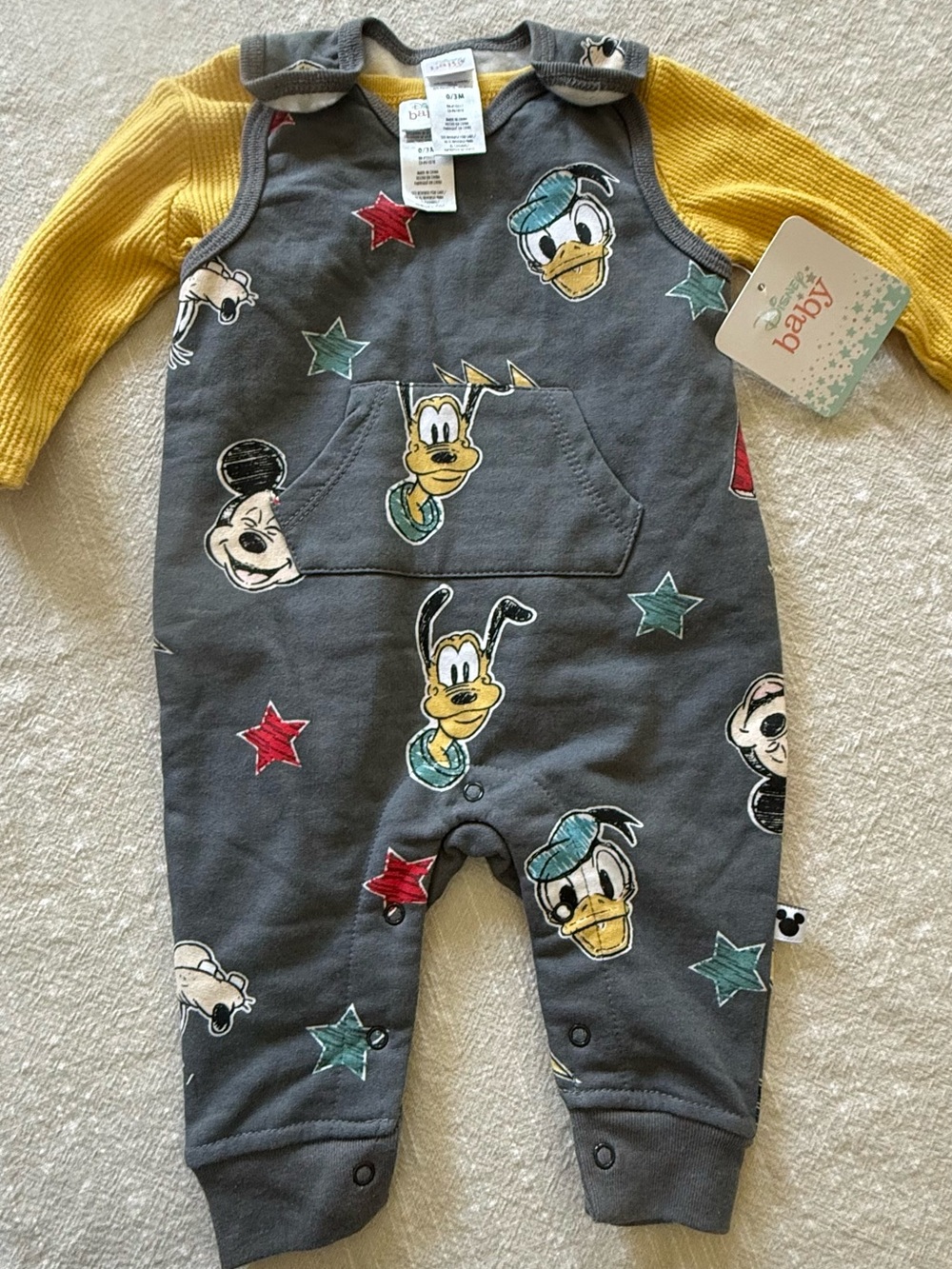 Disney Baby Gray Romper with Yellow Trim and Multi-Character Prints